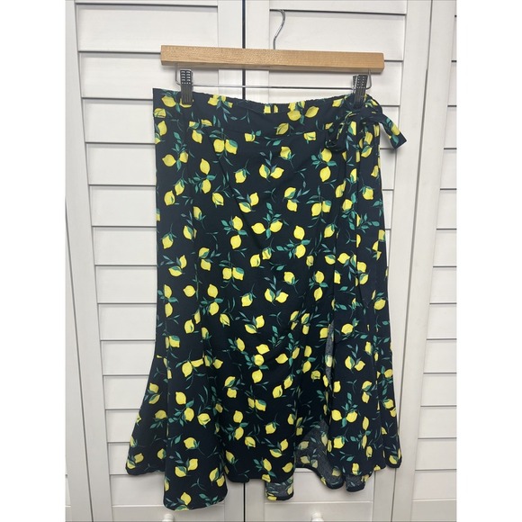 Banana Republic Lemon Print Faux Wrap Belted Ruffle A-Line Skirt Size 6P Navy - Picture 1 of 9